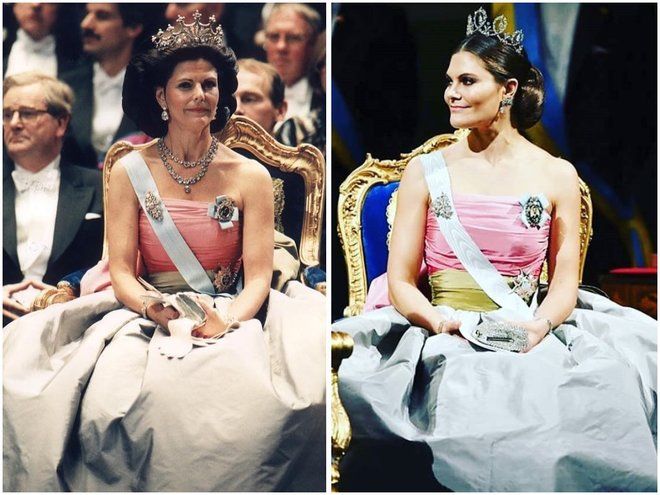 Королева Швеции Сильвия и кронпринцесса Виктория надели одно и то же платье Nina Ricci на церемонию вручения Нобелевской премии в 1995 и 2018 годах